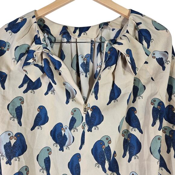 Frnch Love Bird Pattern Tan & Blue 3/4 Sleeve Blouse S/M - Picture 4 of 7